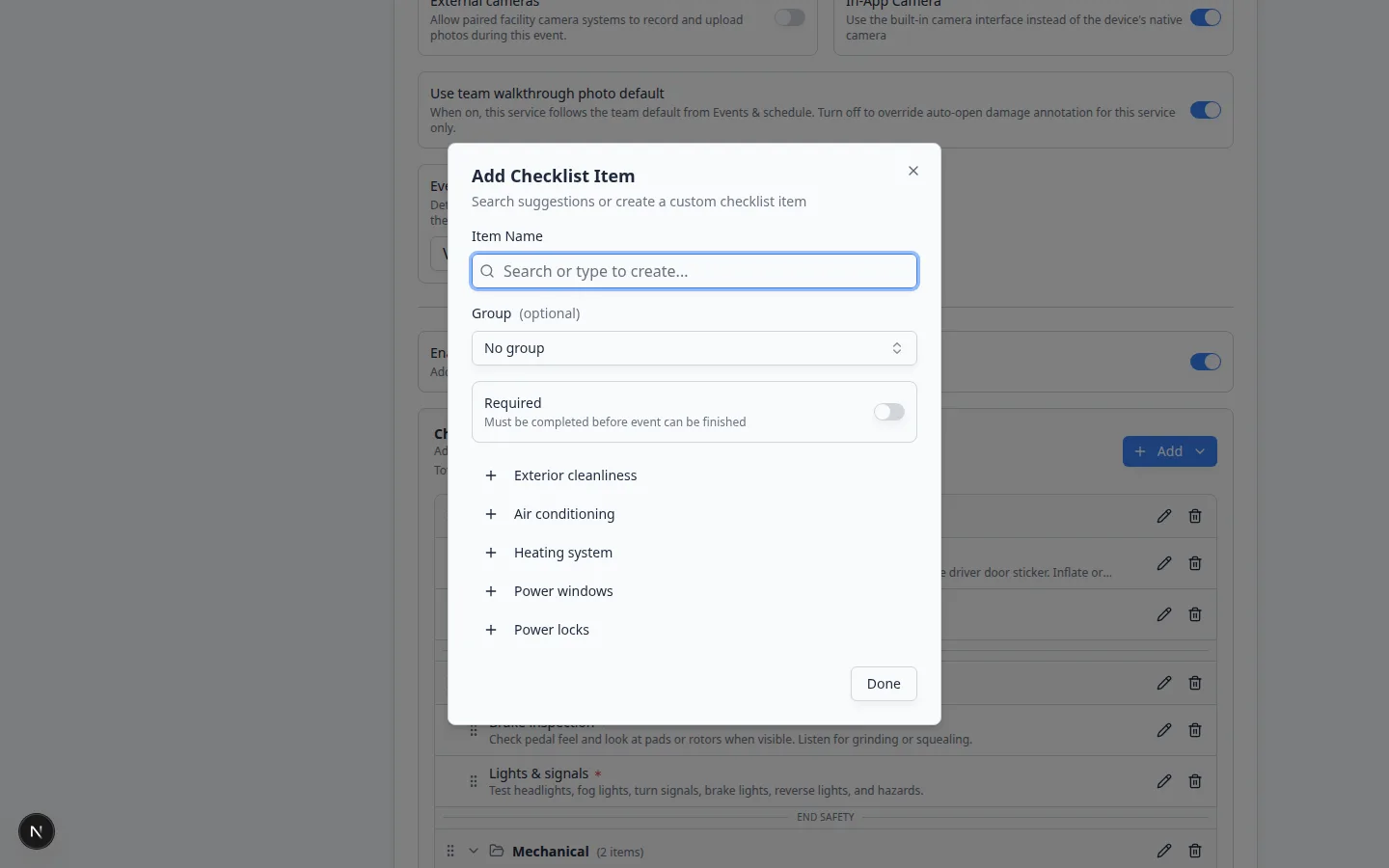 Add Checklist Item window with Item Name search, Group optional, Required switch, and suggested items
