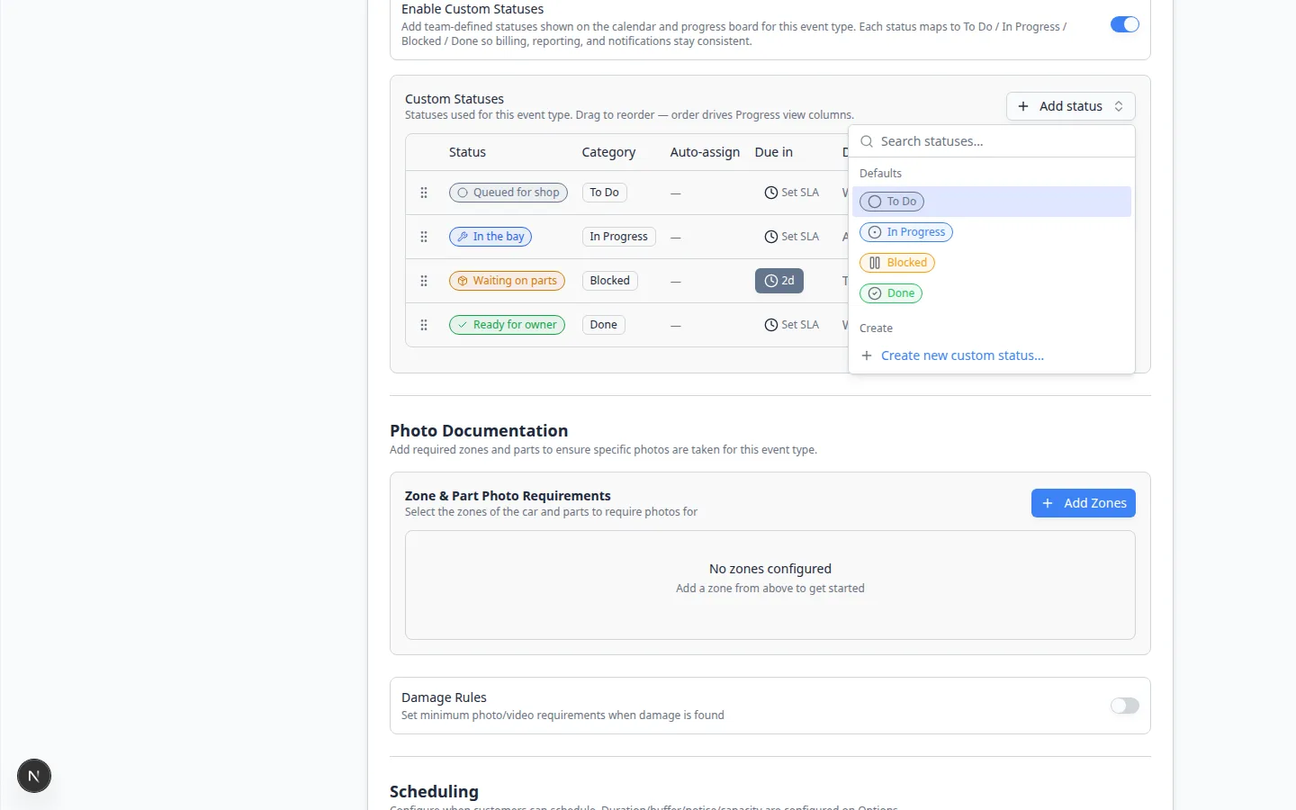 Add status search list showing Defaults To Do, In Progress, Blocked, Done, and Create new custom status
