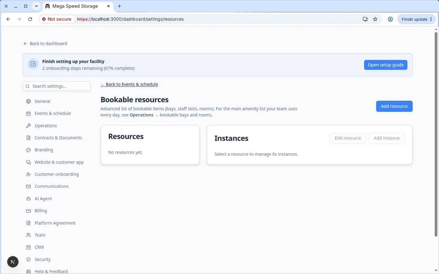 Bookable resources page showing resources on the left and instances on the right