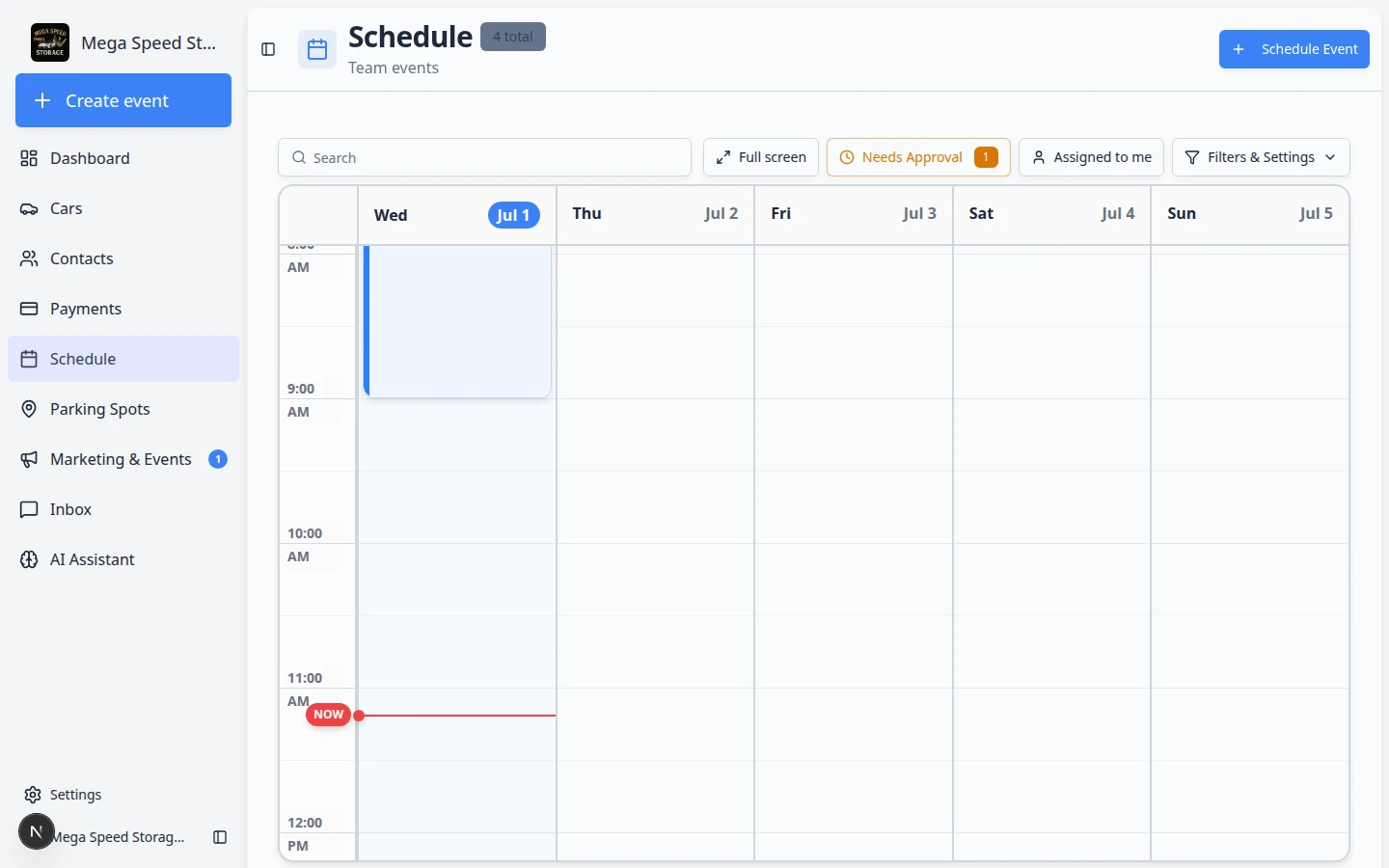 Schedule event detail panel for a pending approval booking showing Approve and Decline actions