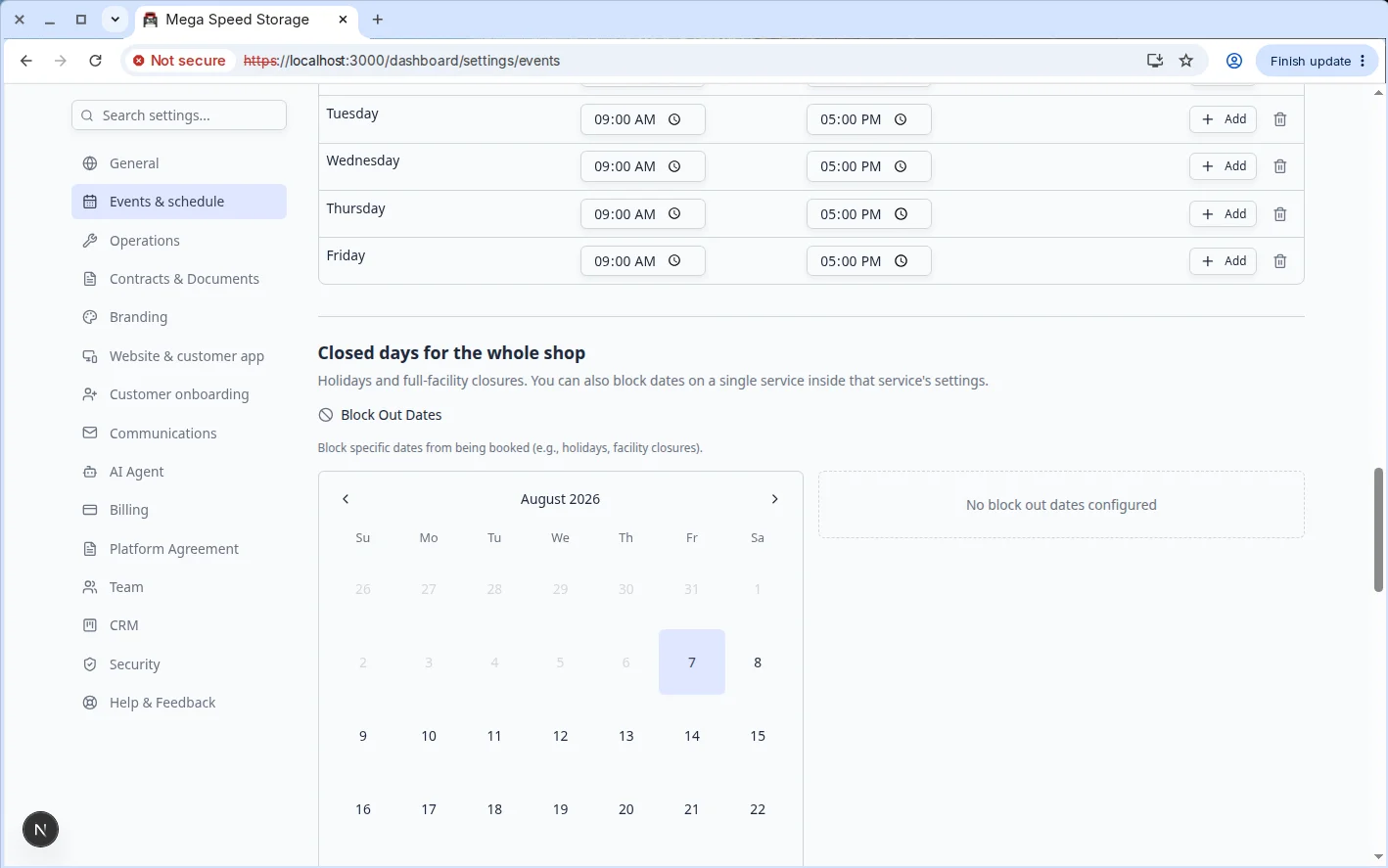 Events and schedule settings page scrolled to Closed days for the whole shop with a calendar, reason field, and Add Block Out Date button