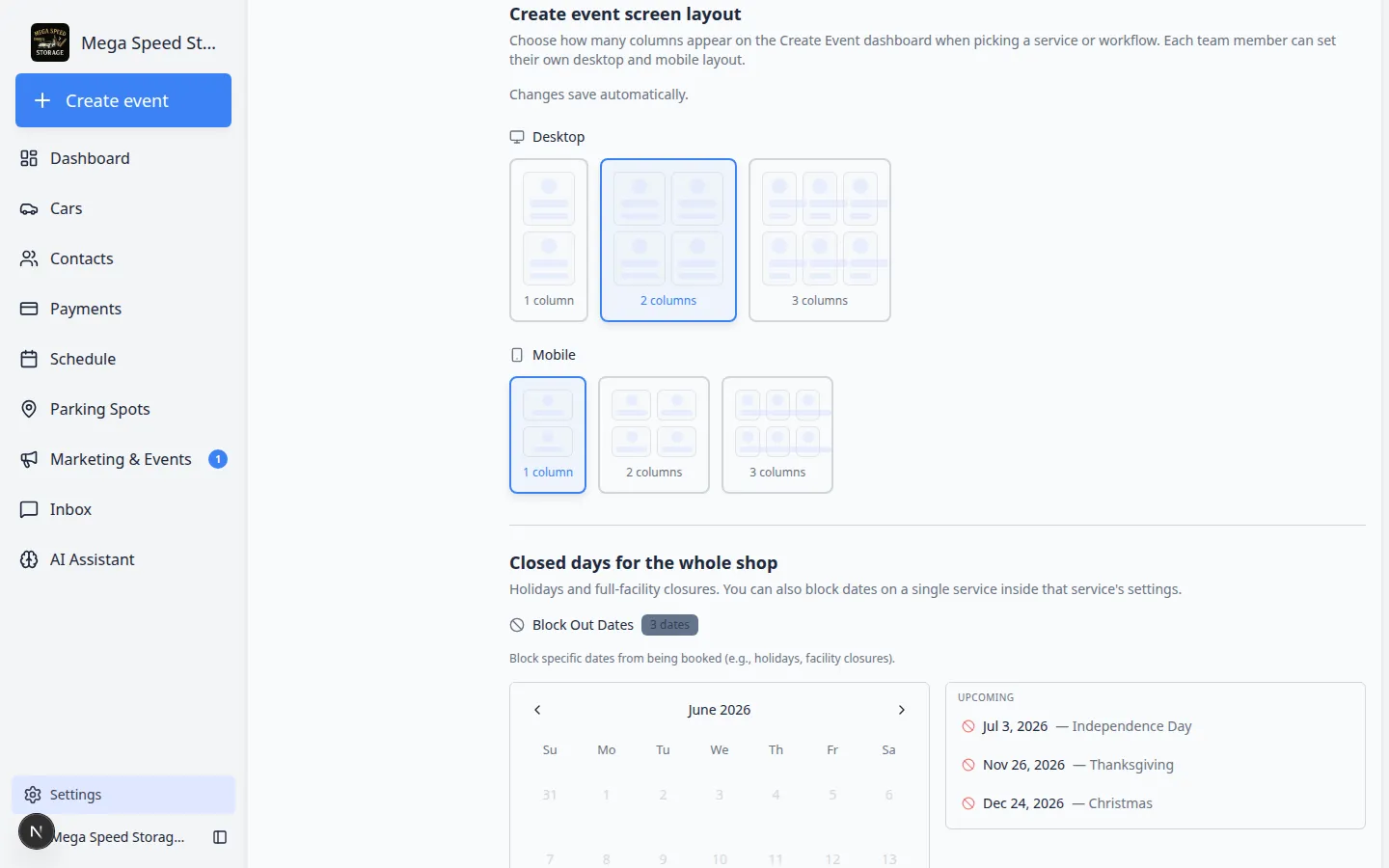 Events settings showing Create event screen layout with desktop and mobile column options