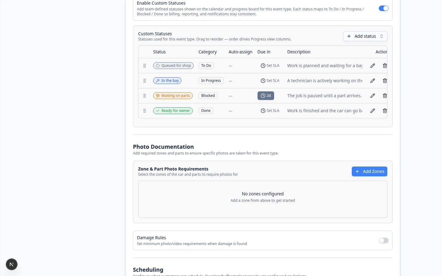 Enable Custom Statuses turned on with a table of Queued for shop, In the bay, Waiting on parts, and Ready for owner