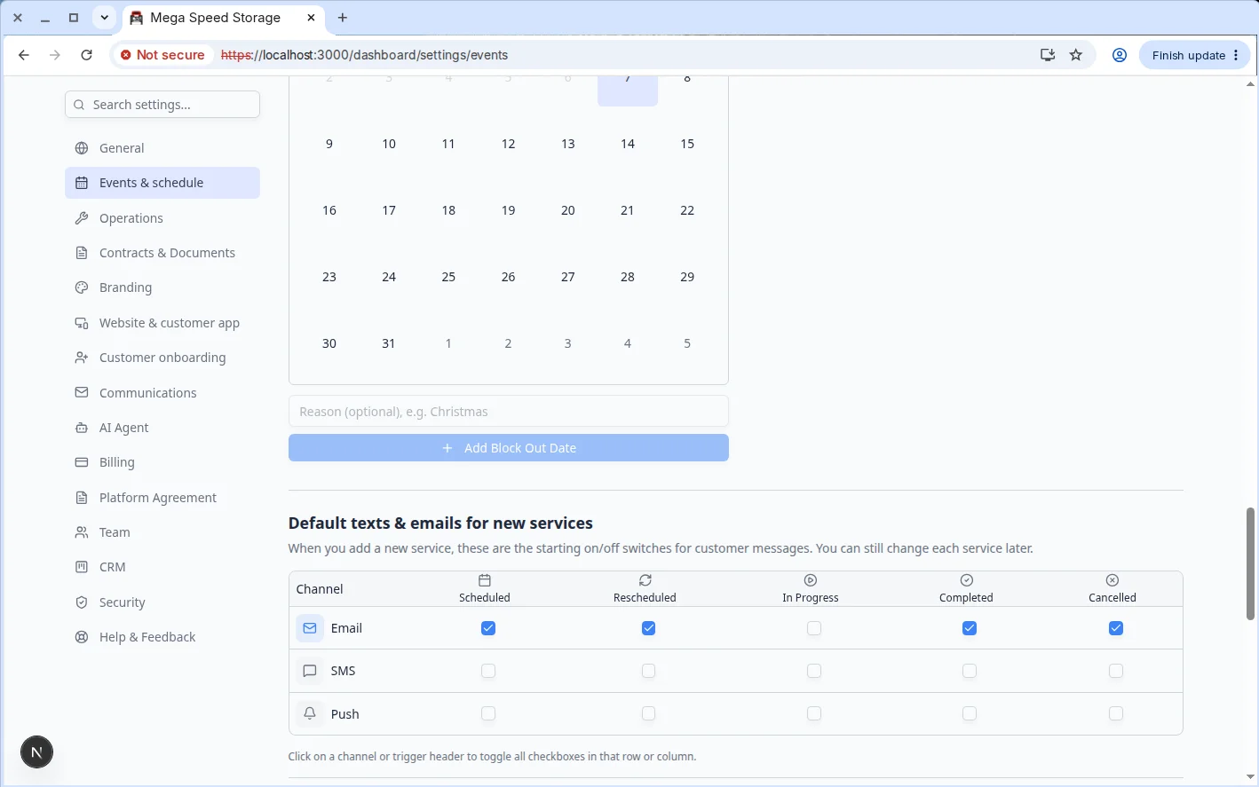 Default texts and emails matrix with Scheduled, Rescheduled, In Progress, Completed, and Cancelled columns and Email, SMS, and Push rows
