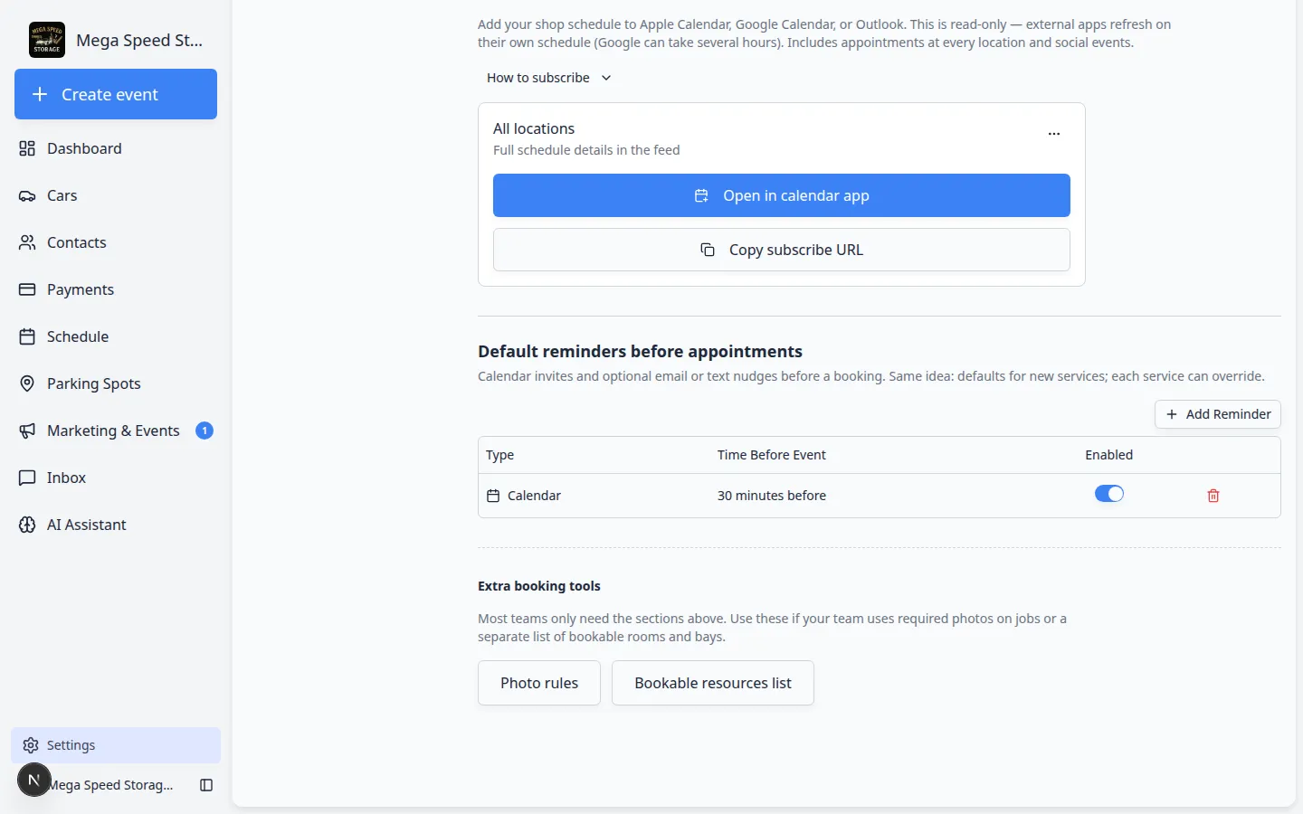 Extra booking tools footer with Photo rules and Bookable resources list buttons