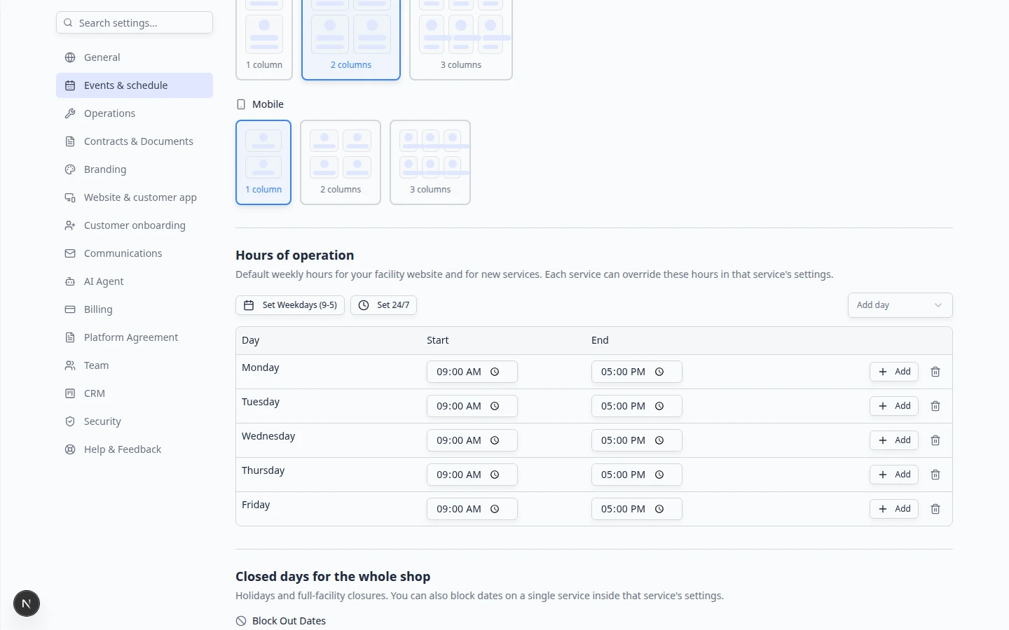 Create event screen layout settings scrolled to Mobile section with column picker options