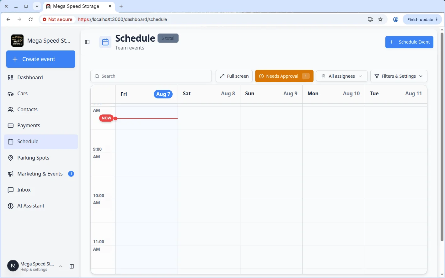 Schedule page with Needs approval filter showing pending customer booking requests