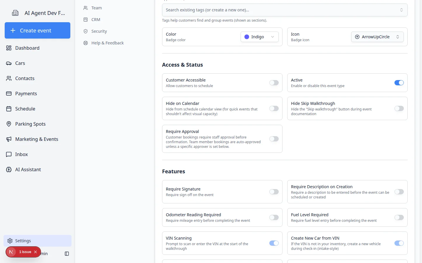 Edit Event Type page Access and Status section showing Require Approval toggle and Designated Approver dropdown
