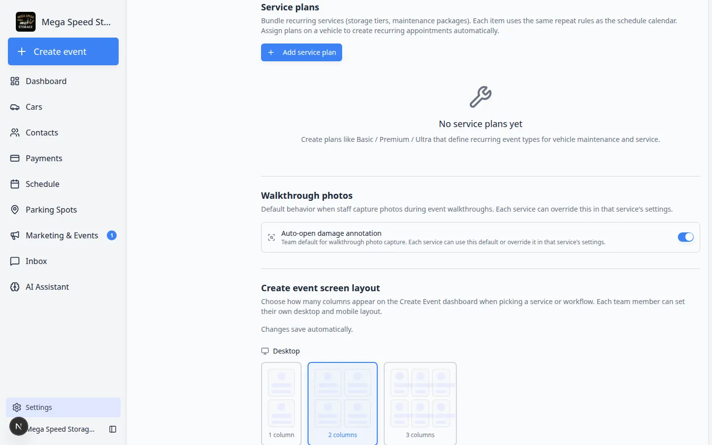 Events settings page showing the Service plans section with Add service plan button and empty state