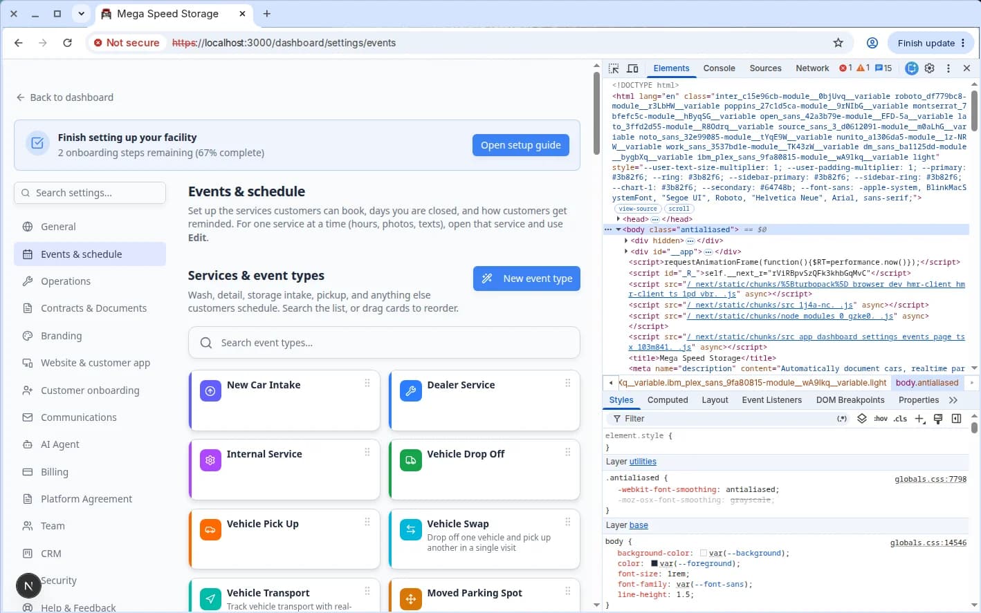 Events and schedule settings page showing Services and event types table, service plans, walkthrough photos, closed days, and default message settings