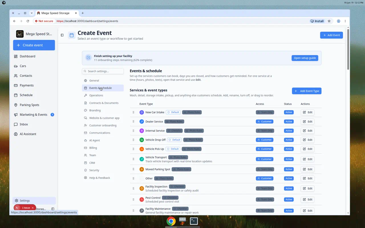 Events and schedule settings page showing services and event types, closed days, default texts and emails, reminders, photo rules, and bookable resources