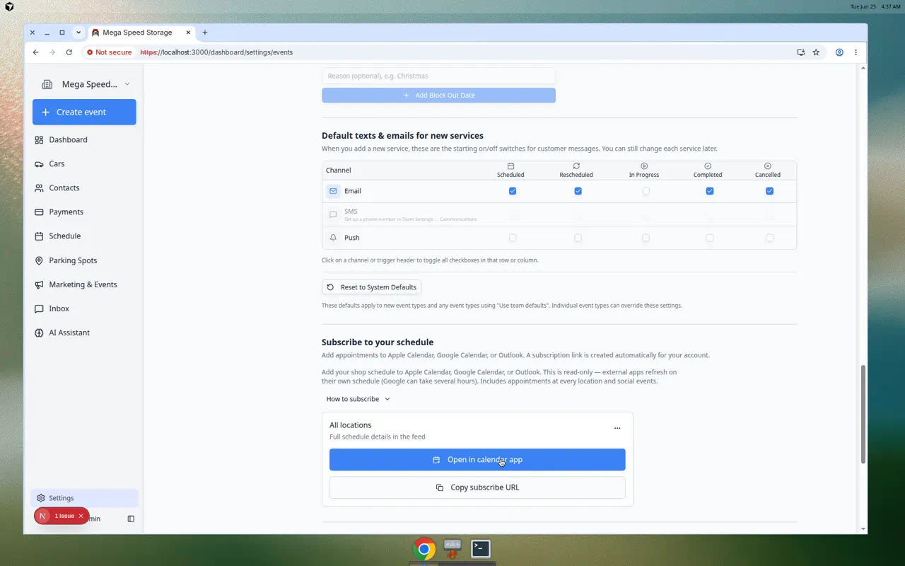 Events settings showing Subscribe to your schedule with Open in calendar app and Copy subscribe URL buttons
