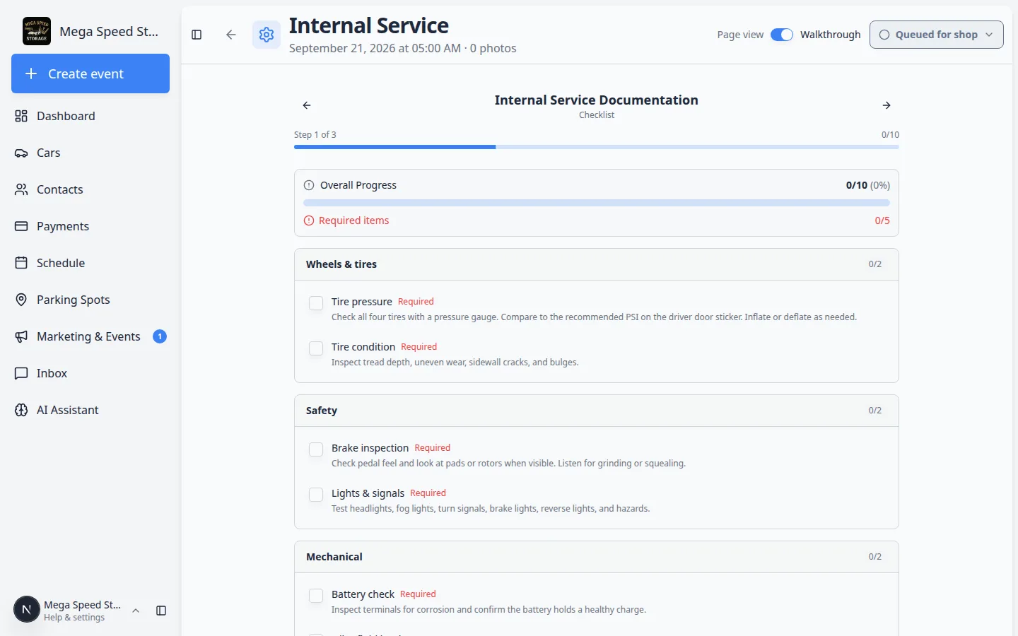 Internal Service walkthrough with Queued for shop status in the header next to the Walkthrough view switch