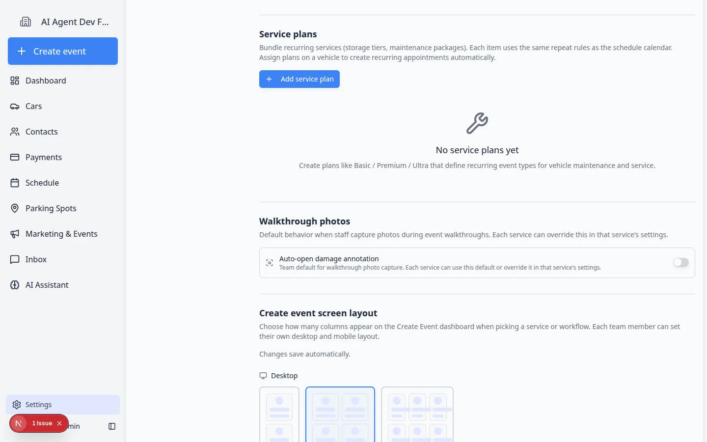 Events and schedule settings showing Walkthrough photos section with Auto-open damage annotation toggle