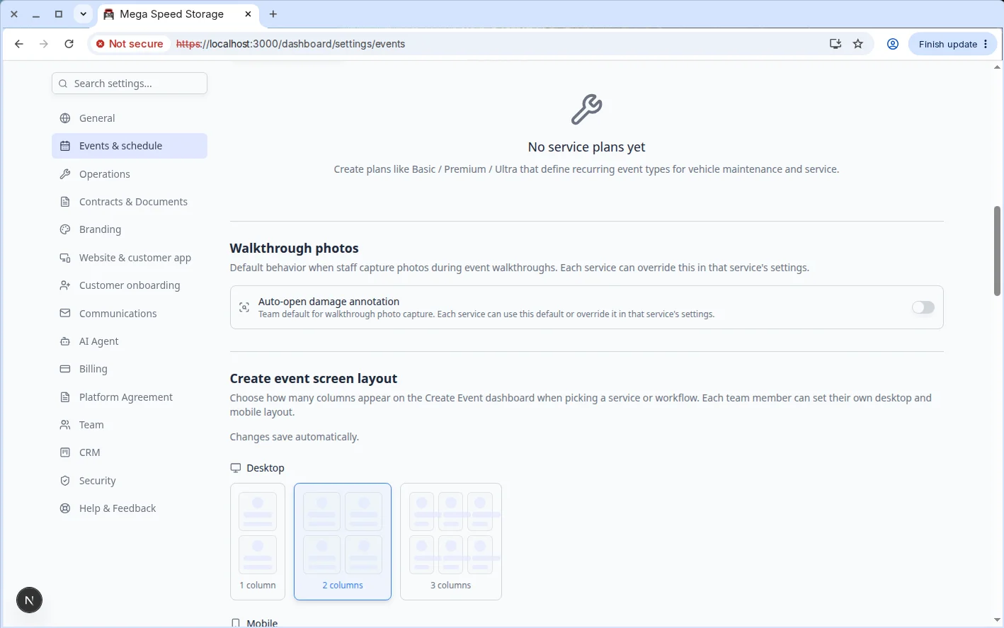 Walkthrough photos section with Auto-open damage annotation toggle on Events and schedule settings