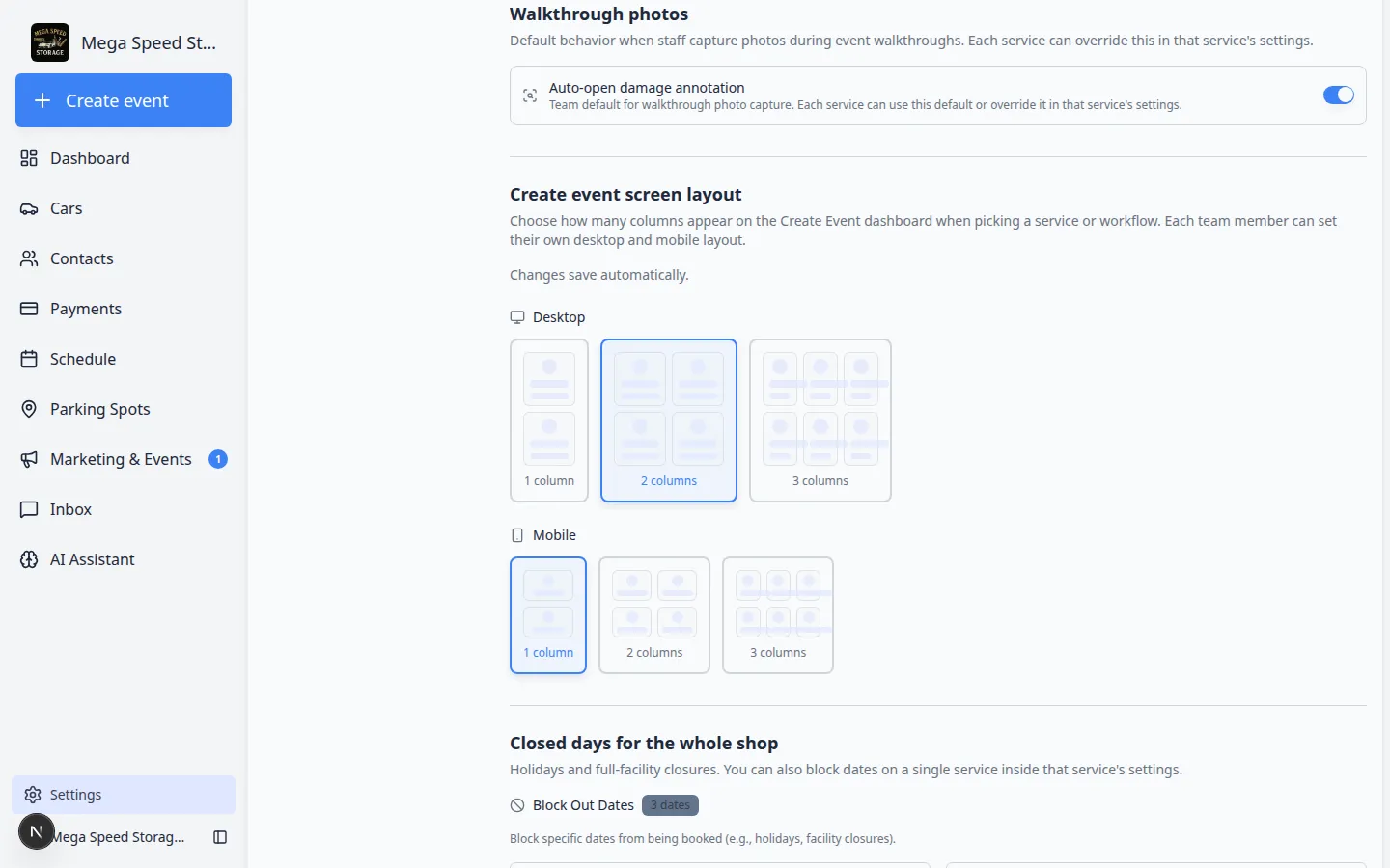 Events settings showing Walkthrough photos section with Auto-open damage annotation checkbox