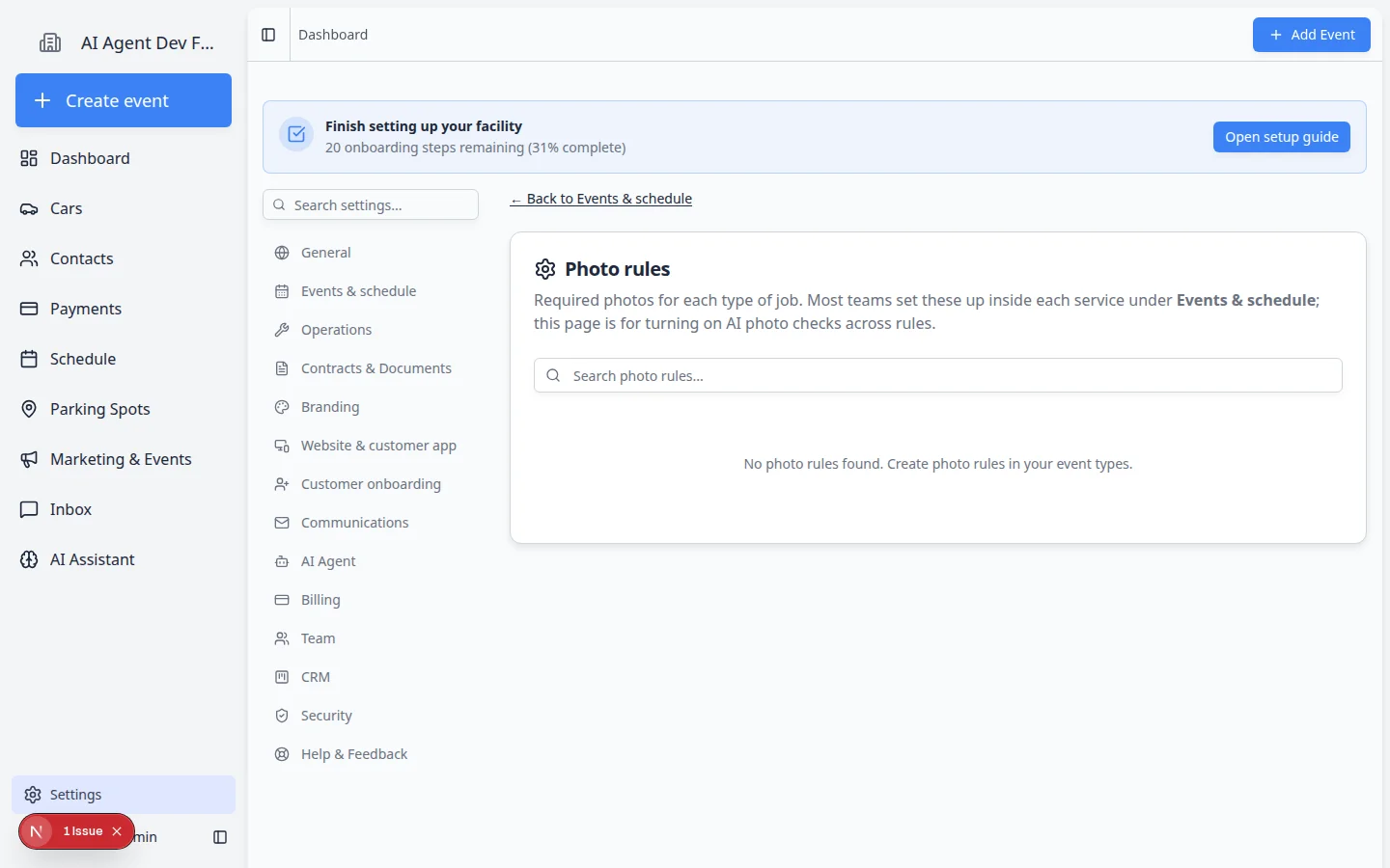 Photo rules page showing search, AI analysis status, extraction fields, and actions