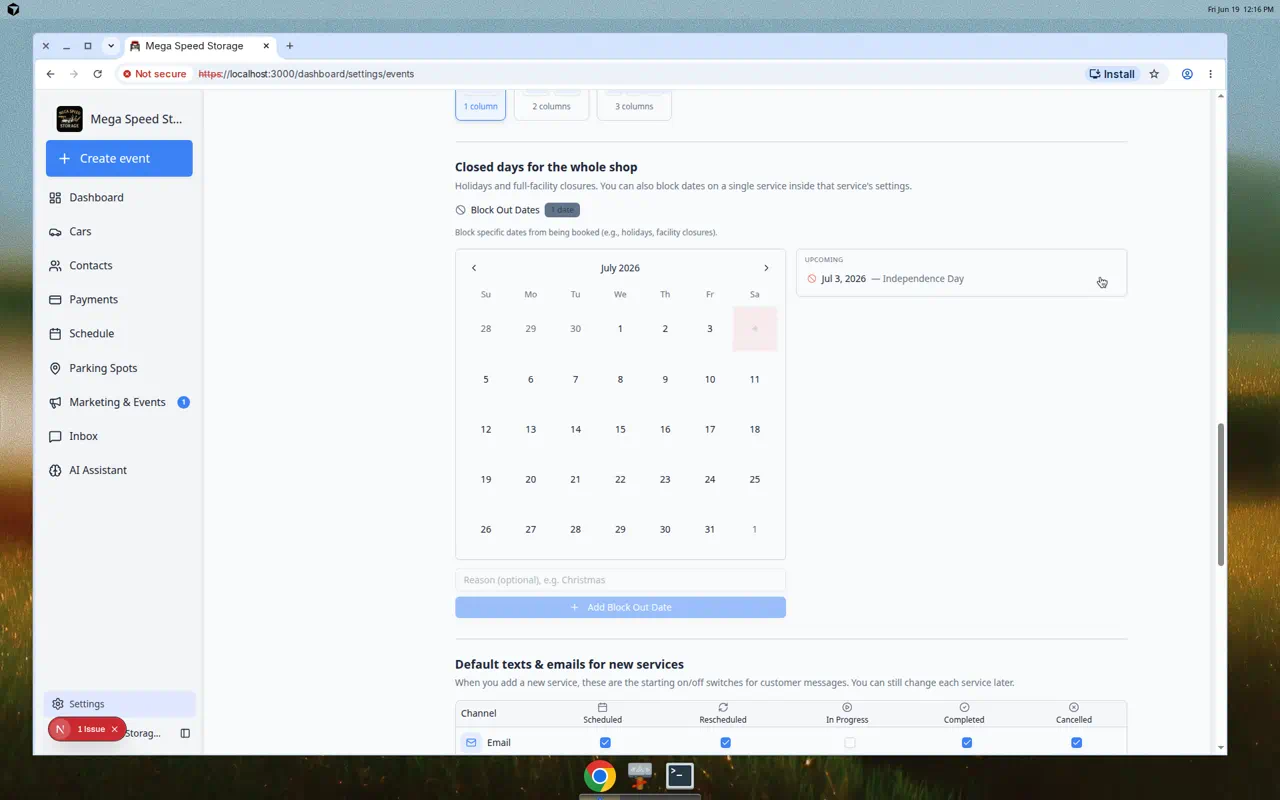 Closed days UPCOMING list with remove X button visible on a blockout date row