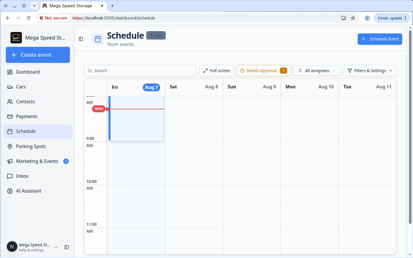 Schedule calendar showing multiple colored appointment blocks across the week for different vehicles and event types