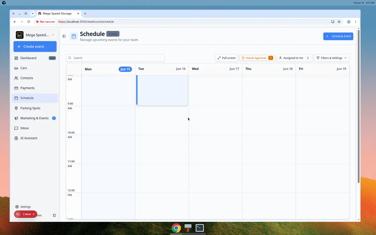 Schedule calendar with multiple appointments showing how tested event types appear on the weekly view