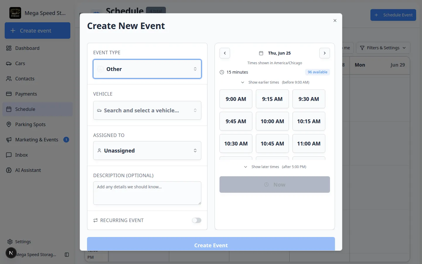 Create New Event dialog on a closed date with Unavailable or no time slots shown