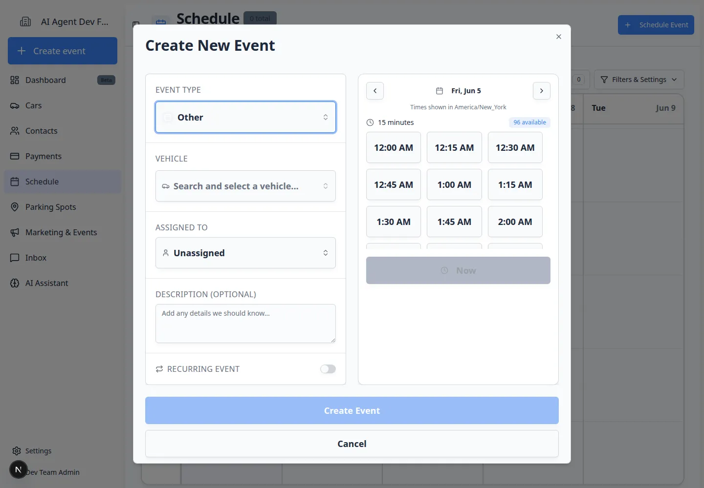 Create New Event dialog on the Schedule page showing event type, vehicle, date picker, and available time slots