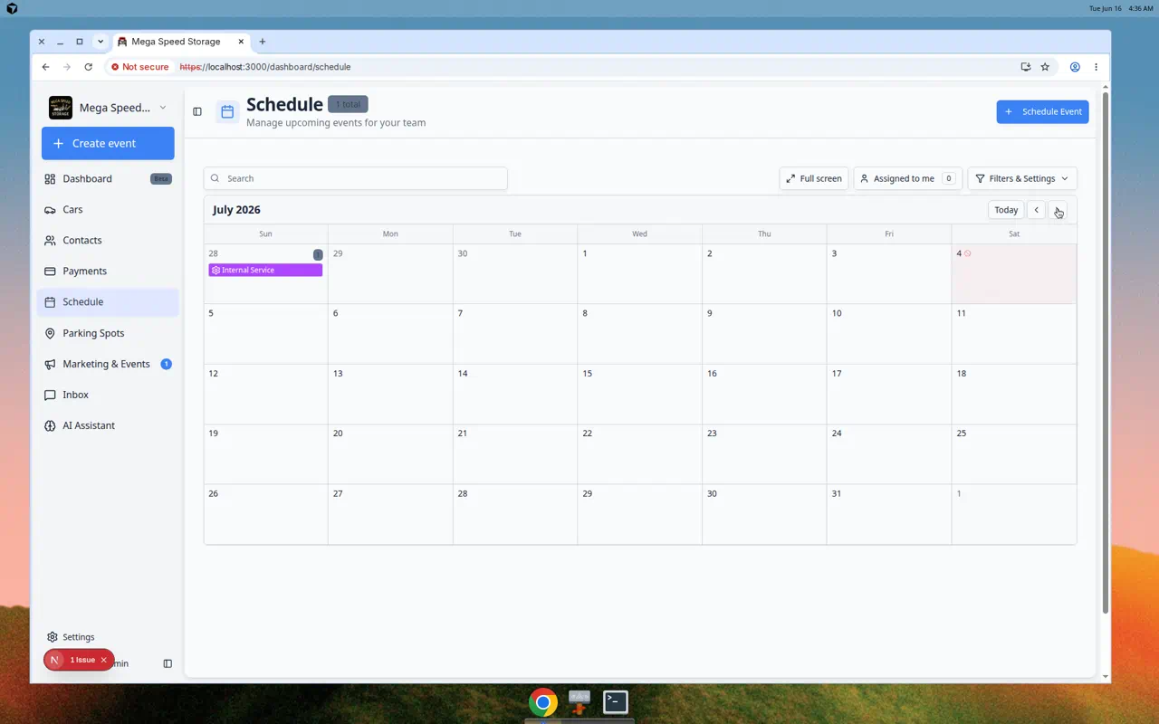 Schedule month view showing a blocked holiday date marked on the calendar grid