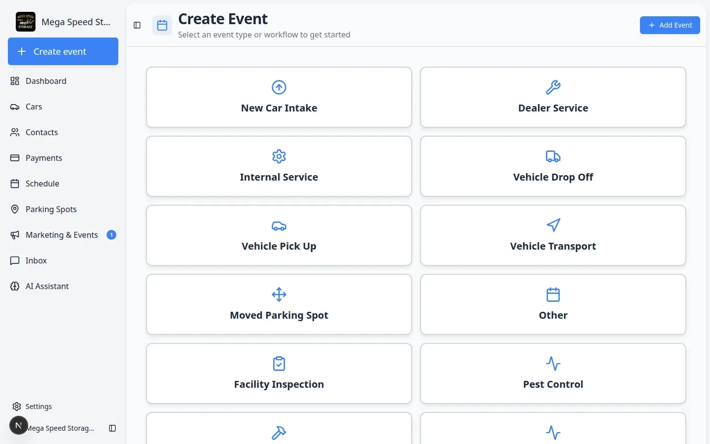 Schedule event detail panel showing customer, vehicle, status, and an Open Event button