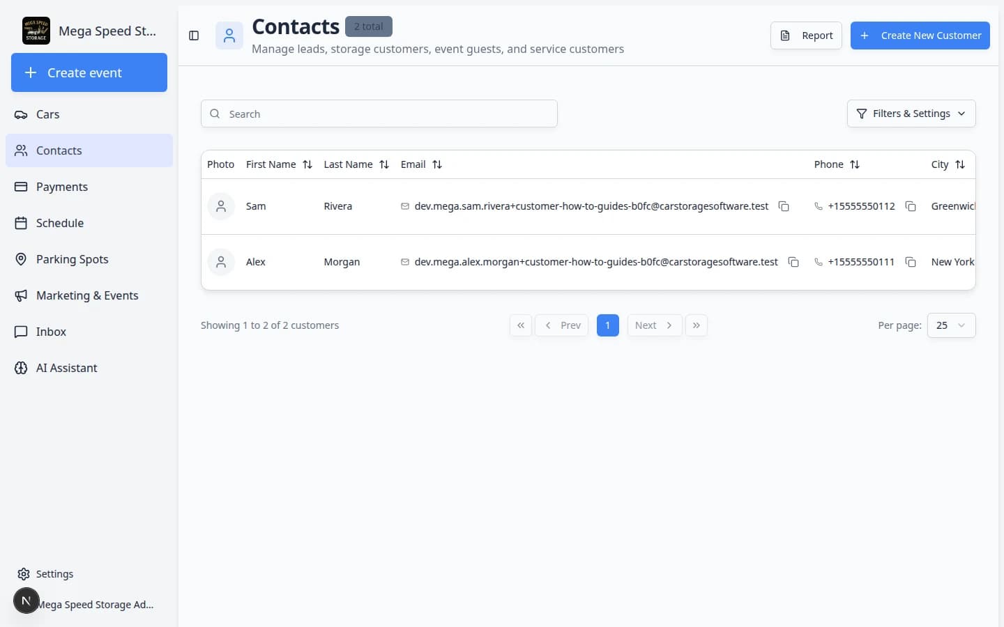 Contacts dashboard showing customer records that staff can search and open after a public registration request