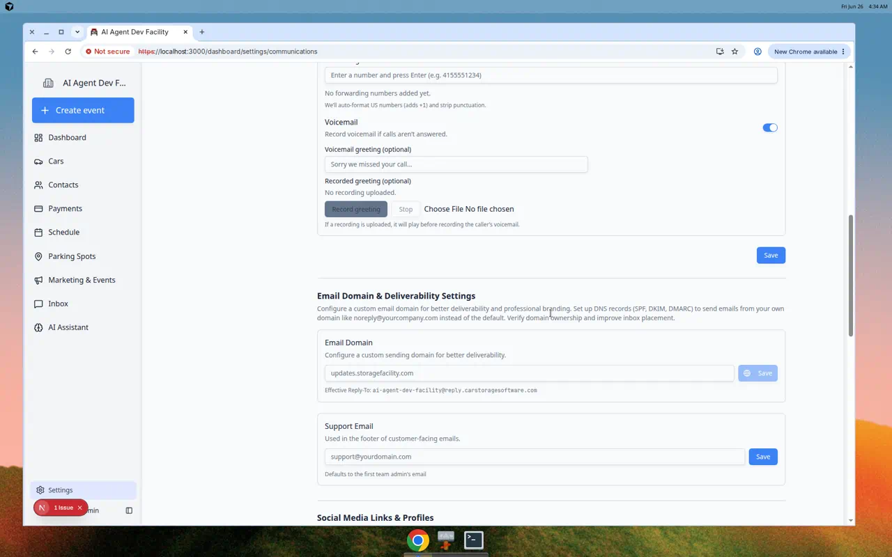 Communications settings showing Email Domain and Deliverability Settings with domain and support email fields