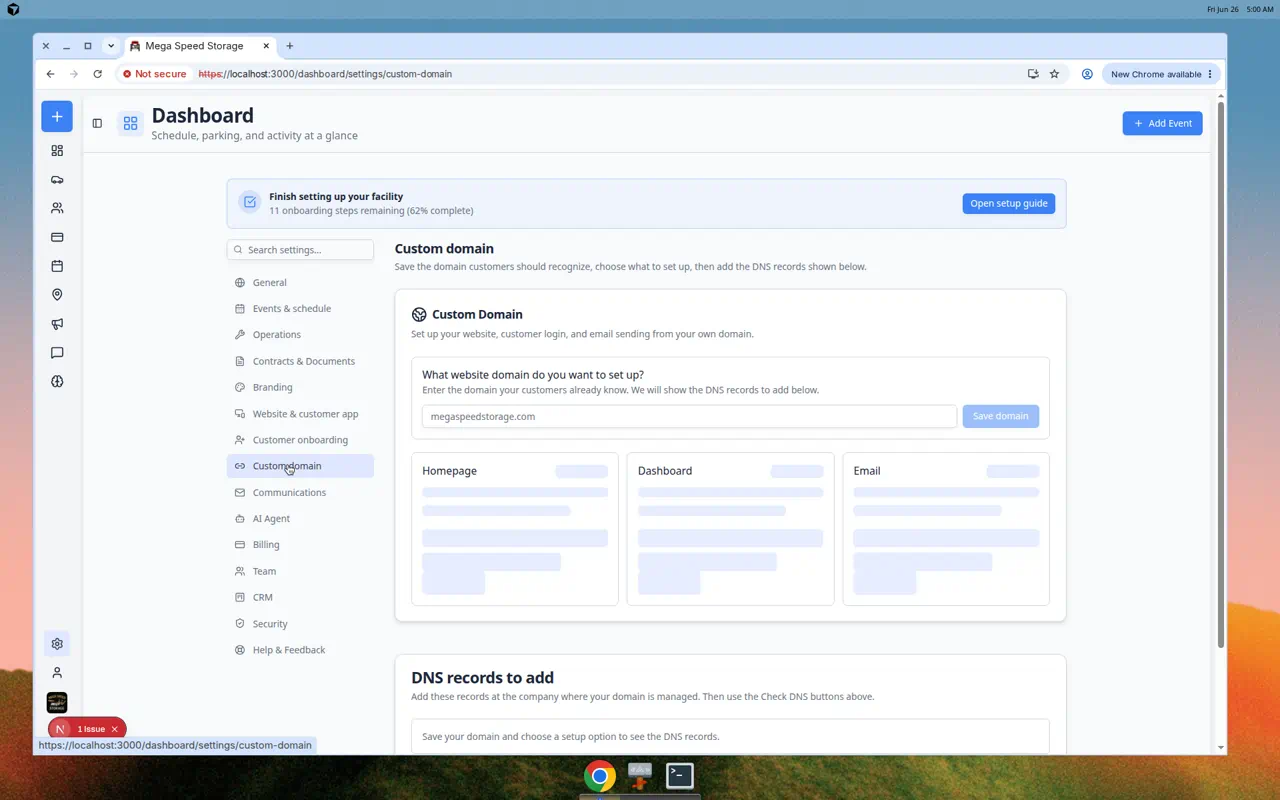 Custom domain settings page showing domain entry field and Homepage, Dashboard, and Email setup cards