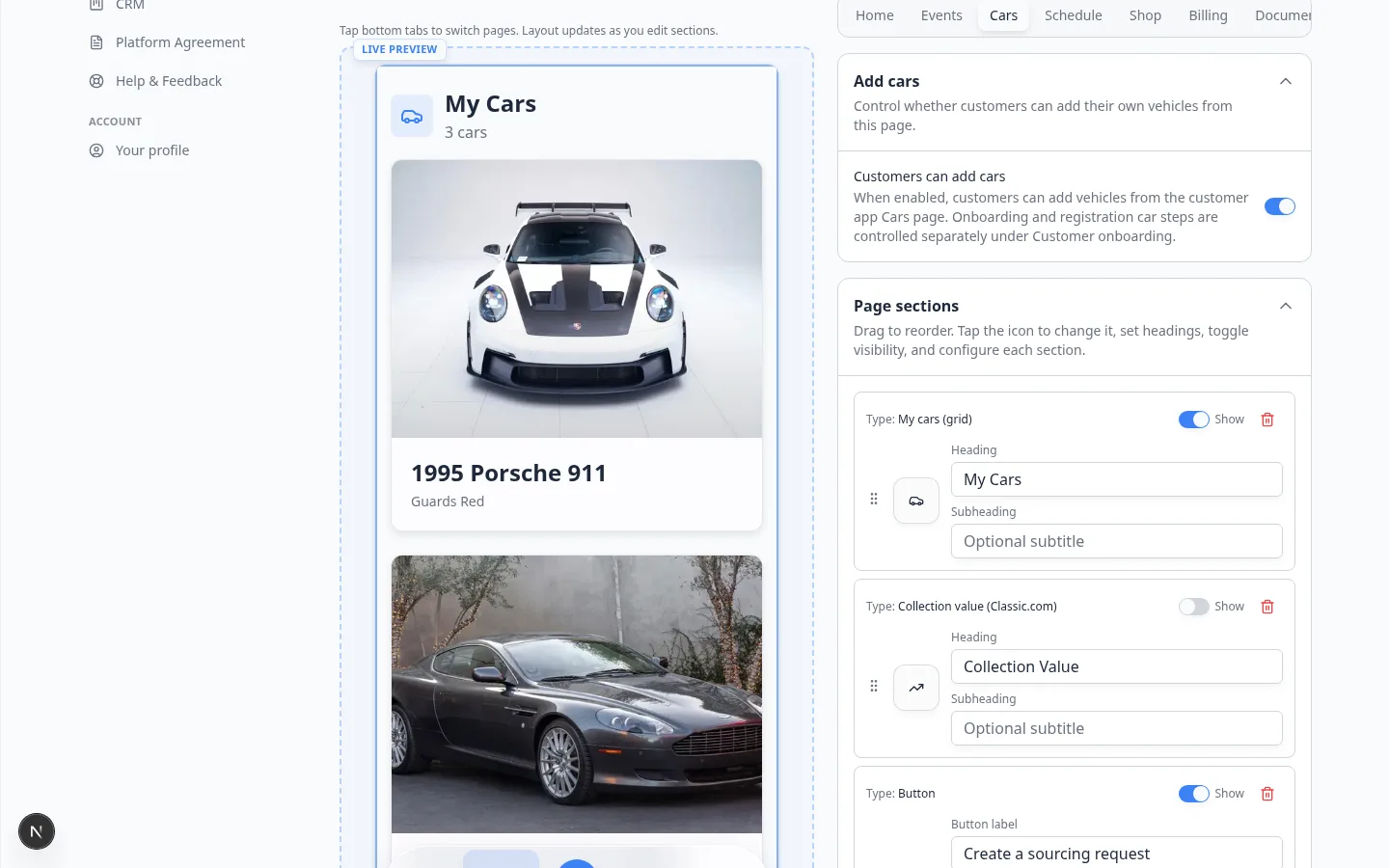Cars page settings showing the Customers can add cars switch under Add cars next to a customer Cars preview