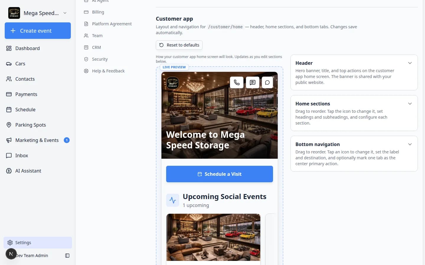 Website and customer app settings showing Customer app section with live phone preview and layout controls