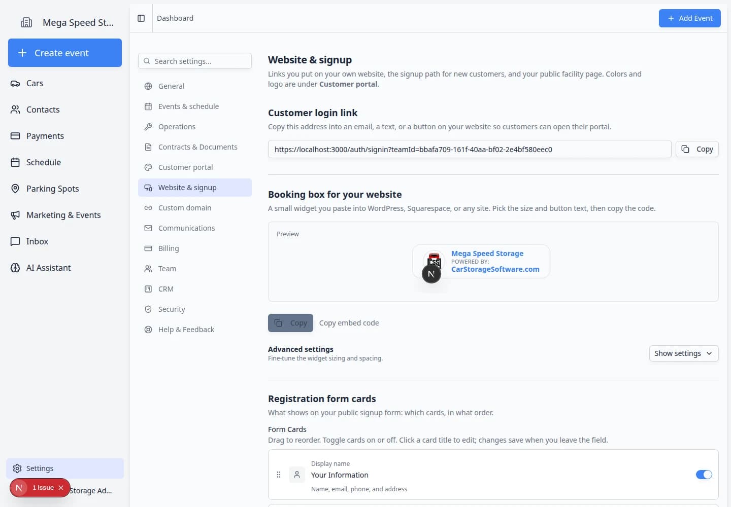 Website and signup settings showing customer login link and public page link options
