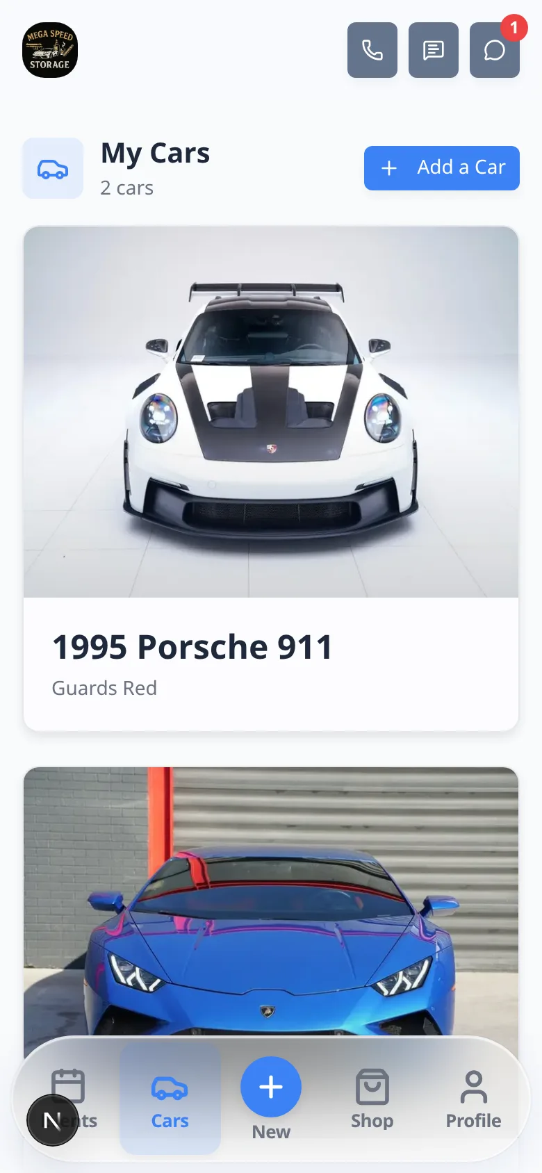 Signed-in customer Cars page showing the customer vehicle list and an add-car action
