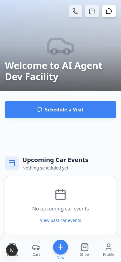 Signed-in customer portal home screen on a phone showing facility photos, upcoming events, and quick action buttons