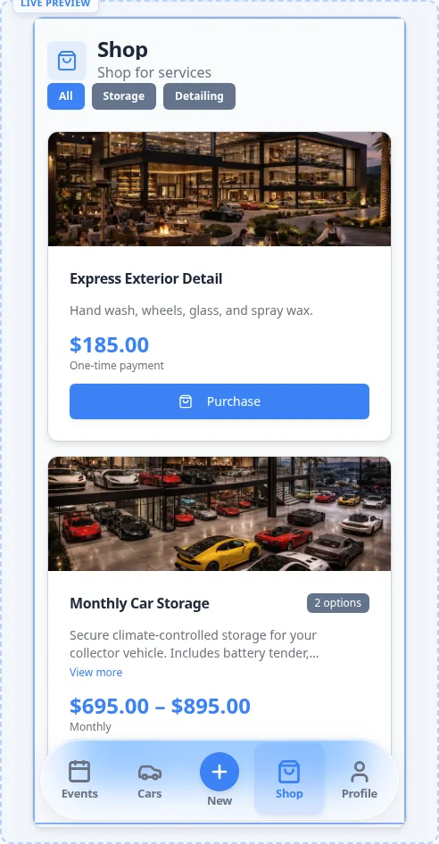 Customer Shop page showing Storage and Detailing filter chips, Express Exterior Detail for $185, and Monthly Car Storage with a $695 to $895 price range