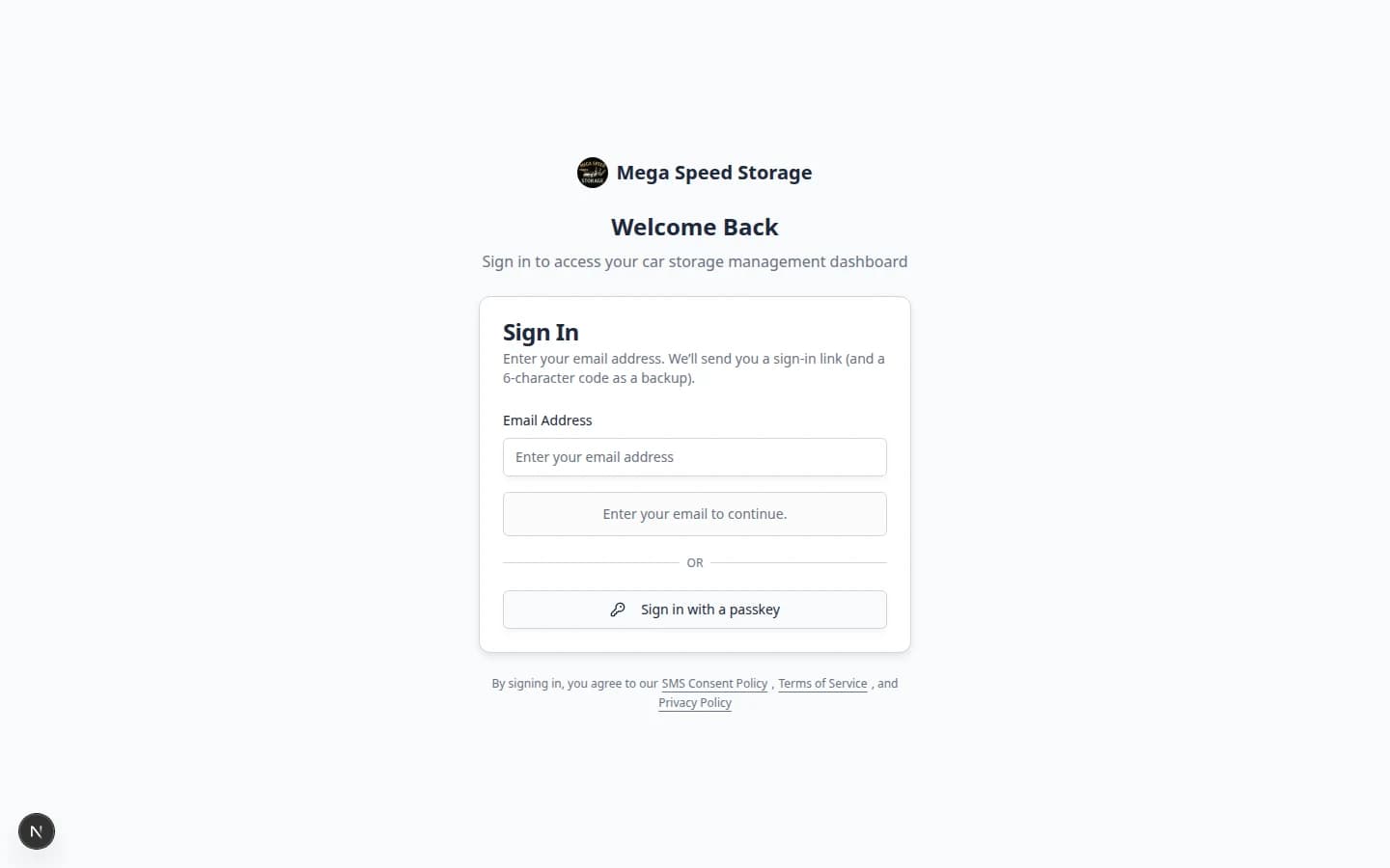 Customer portal sign-in page with facility name and email field