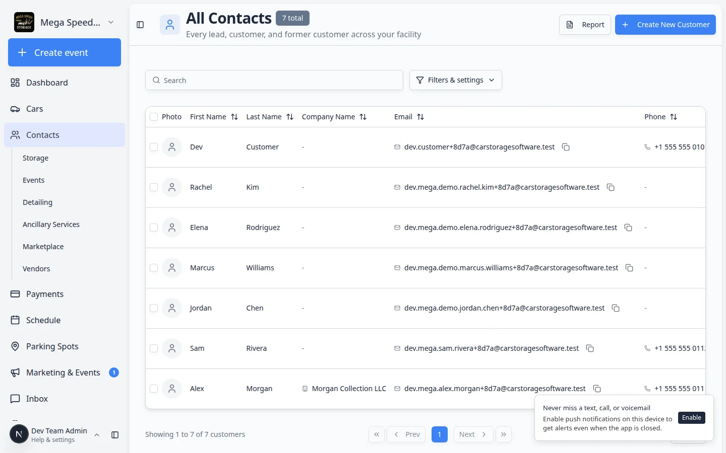 Customer record header showing contact details, portal status, and staff action buttons