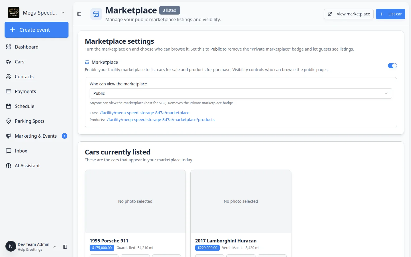 Staff Marketplace page showing listed cars and products with status controls