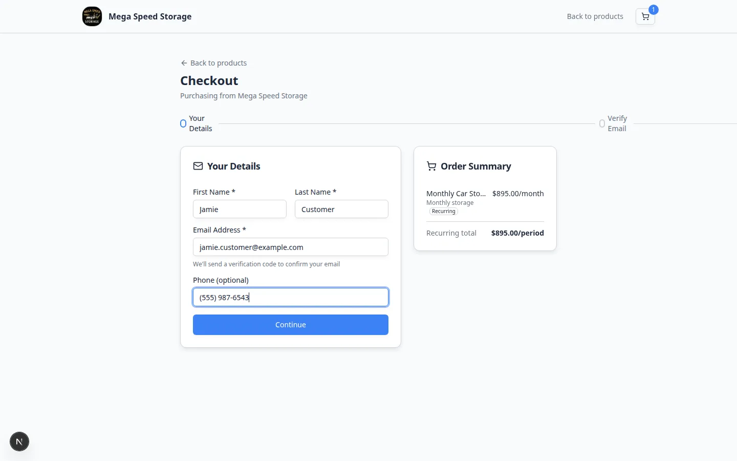 Marketplace checkout page showing contact fields, order summary with monthly storage total, and Continue button
