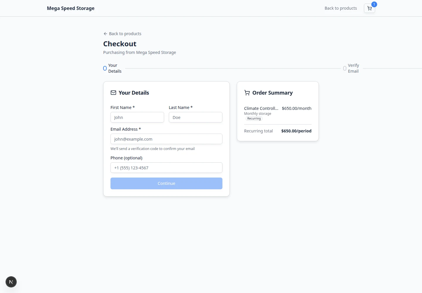 Marketplace checkout page showing contact details fields, order summary, and a continue button