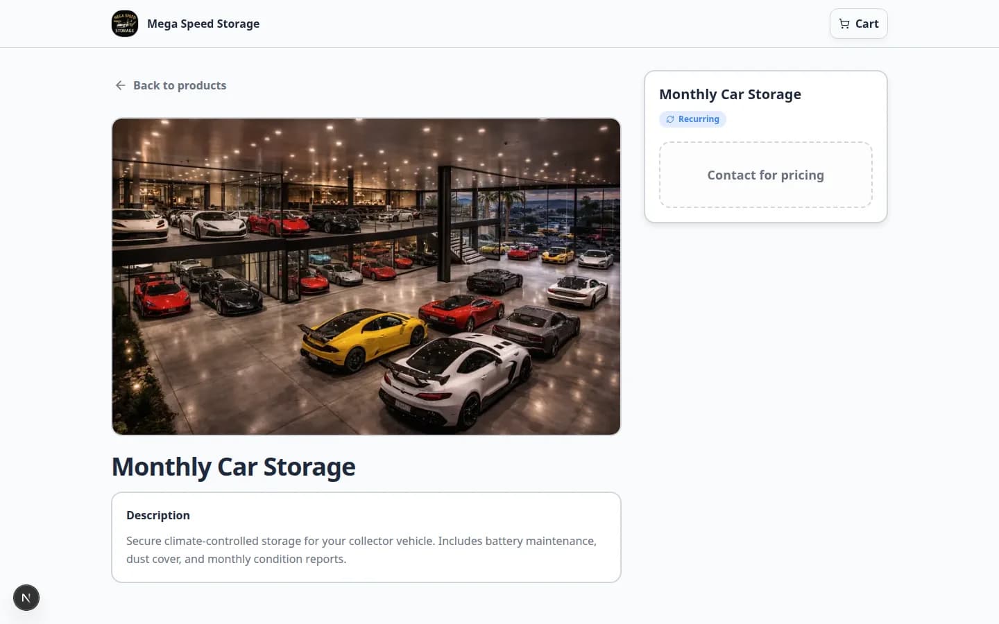 Product detail page showing monthly storage plan, price option, and Add to cart button