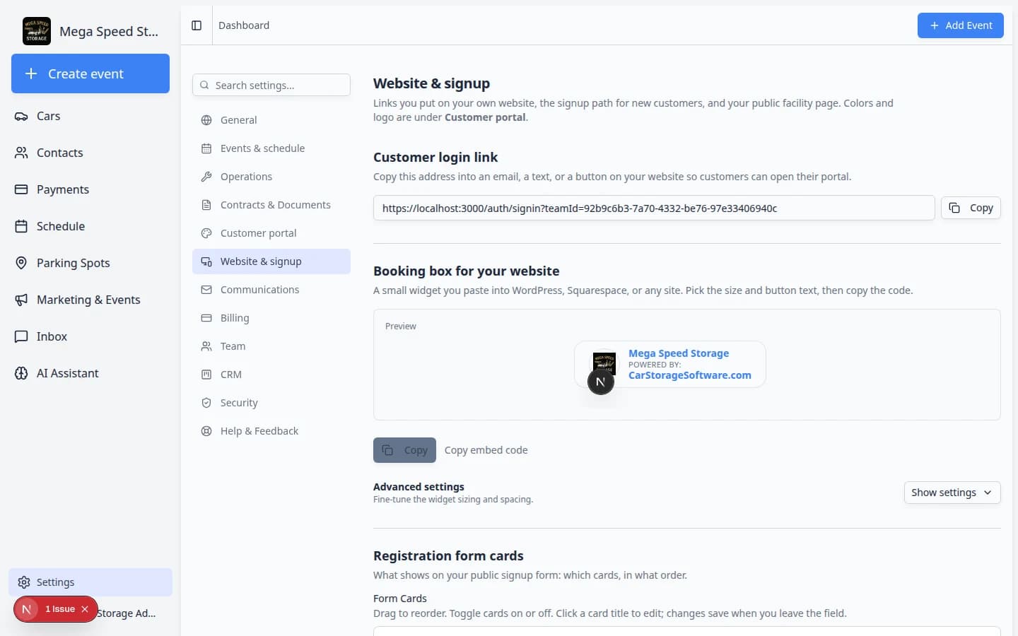 Public facility page settings showing switches for public pages, marketplace, registration, vendor invoice portal, and marketplace visibility