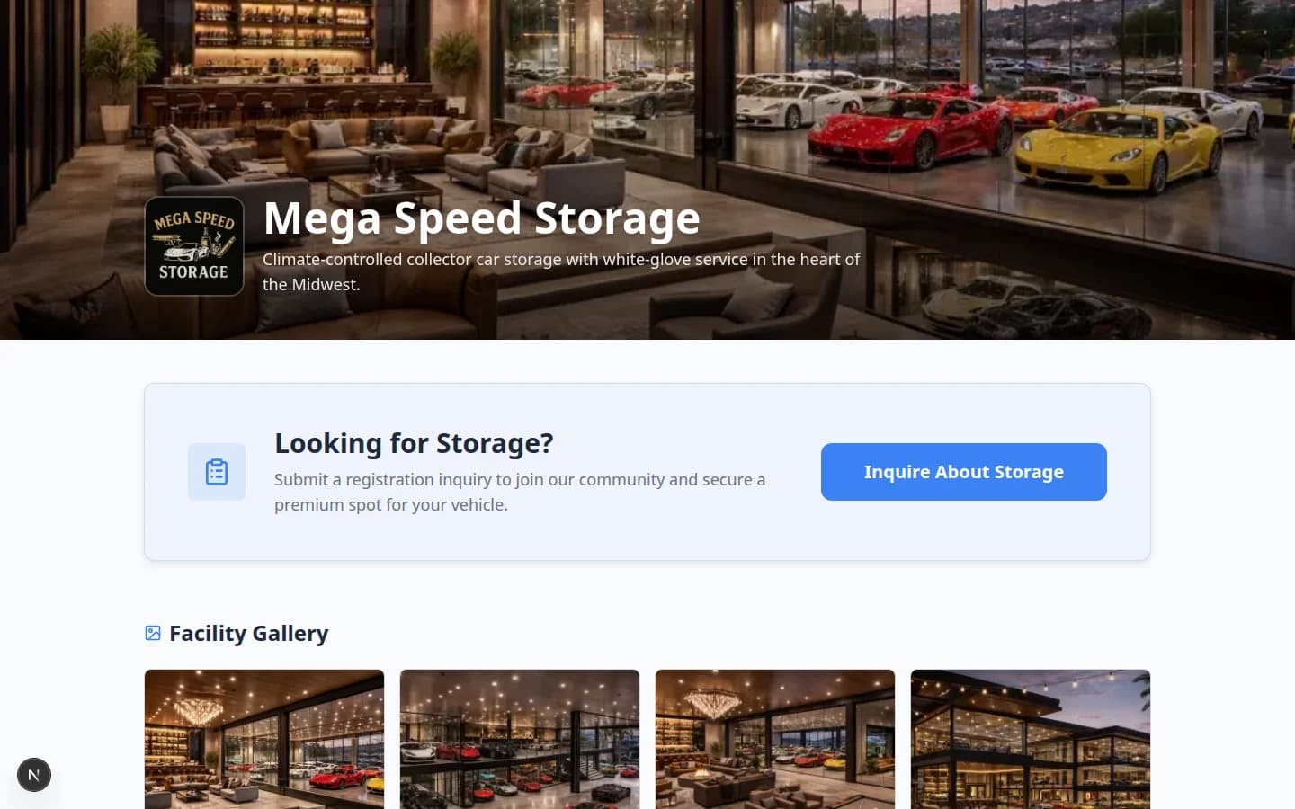 Public facility page showing facility name, services, storage inquiry section, and photo gallery