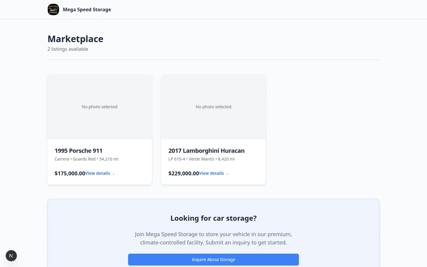 Public vehicle marketplace showing cars listed for sale with prices and Express interest buttons