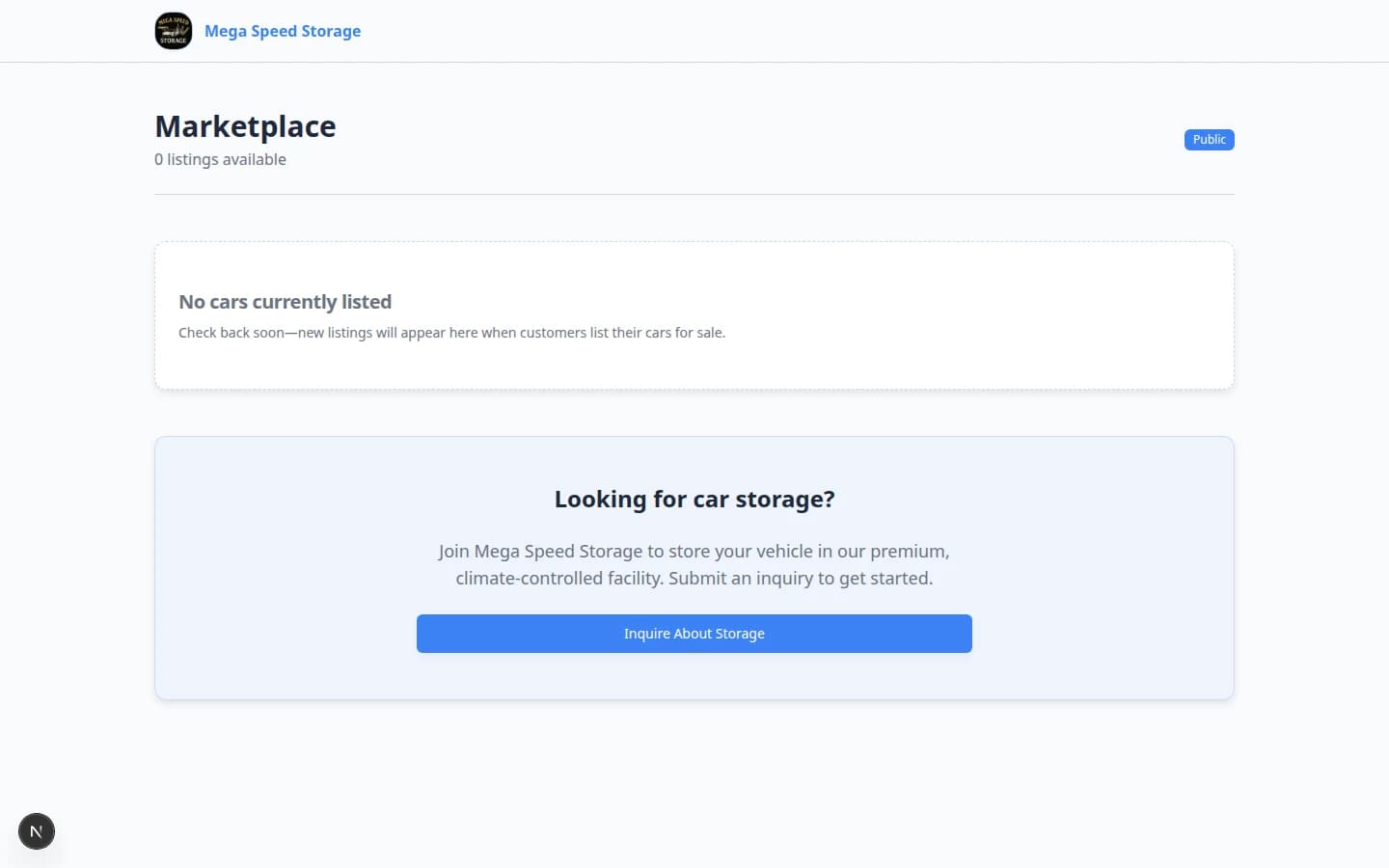 Public marketplace page showing one vehicle listing and a public badge