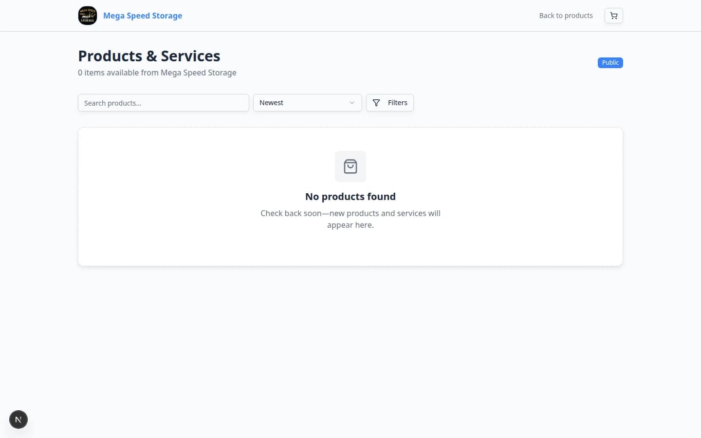 Public product marketplace listing page with item cards and filters