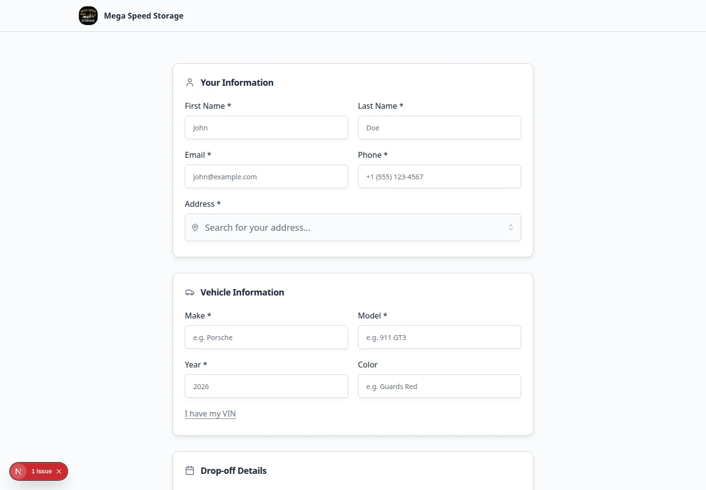 Public registration form where a prospect enters contact and vehicle information