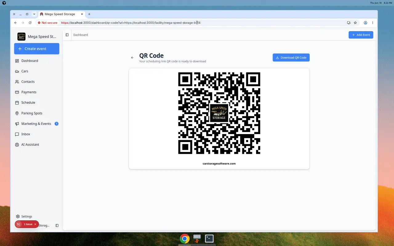 QR code generator page showing a scannable code for the customer login link with a Download button